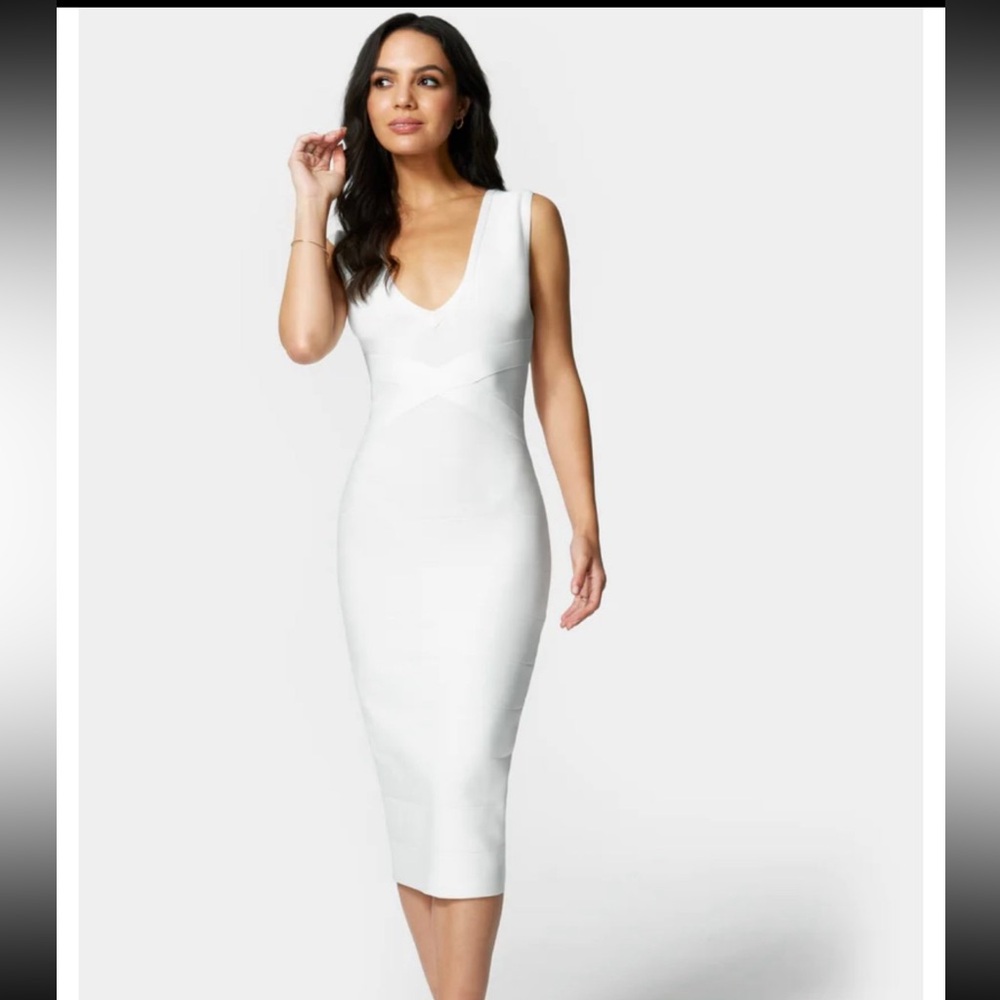 bebe White V-Neck Midi Bodycon Dress
